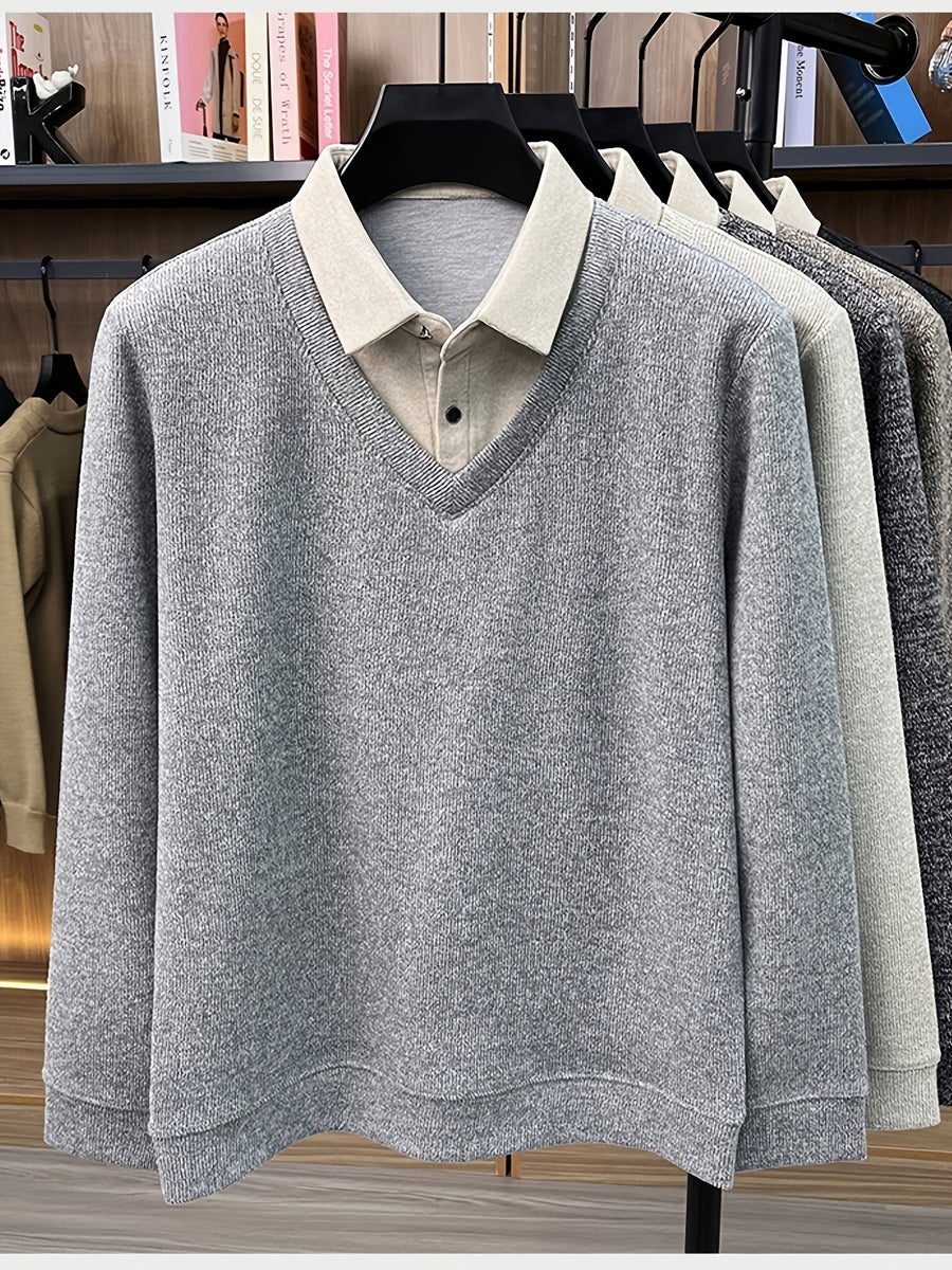 Men'S Autumn V-Neck Faux Two-Piece Pullover Sweater Top, Shirt Collar Patchwork Sweater, Casual Sportswear Top, Warm And Comfortable, Autumn Business Casual Daily Travel Commute Gift Choice, Knit - Light Grey