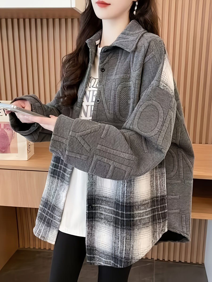 Loose And Jacquard Lazy Style Spliced Plaid Shirt, Loose Design Sense Sweatshirt Jacket, Niche Casual - Grey