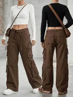 Women'S New Micro-Elastic Low-Waist Brown Cargo Pants, with Belt, All-Season Versatile Loose Fashion Style Multi-Pocket Straight Casual Long Trousers Denim Jeans - Coffee Color