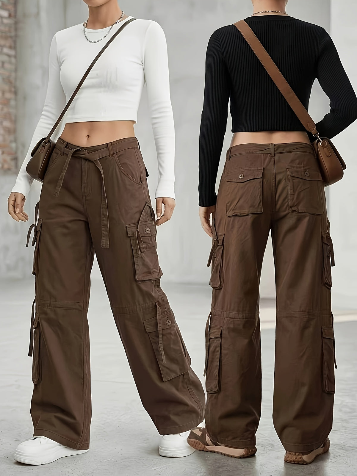 Women'S New Micro-Elastic Low-Waist Brown Cargo Pants, with Belt, All-Season Versatile Loose Fashion Style Multi-Pocket Straight Casual Long Trousers Denim Jeans - Coffee Color