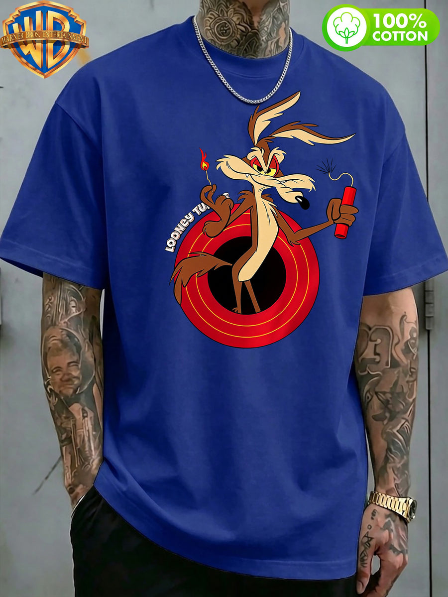 Authorized by Warner Bros., 1pc, American Retro Cartoon Contrast Sense Distorted Heart Wolf Trendy T-Shirt, Men'S 100% Casual Comfortable Versatile Loose Summer Short Sleeve T-Shirt, Double-Sided Print Front And Back, Suitable for Outdoor Wear, Gym - Blue