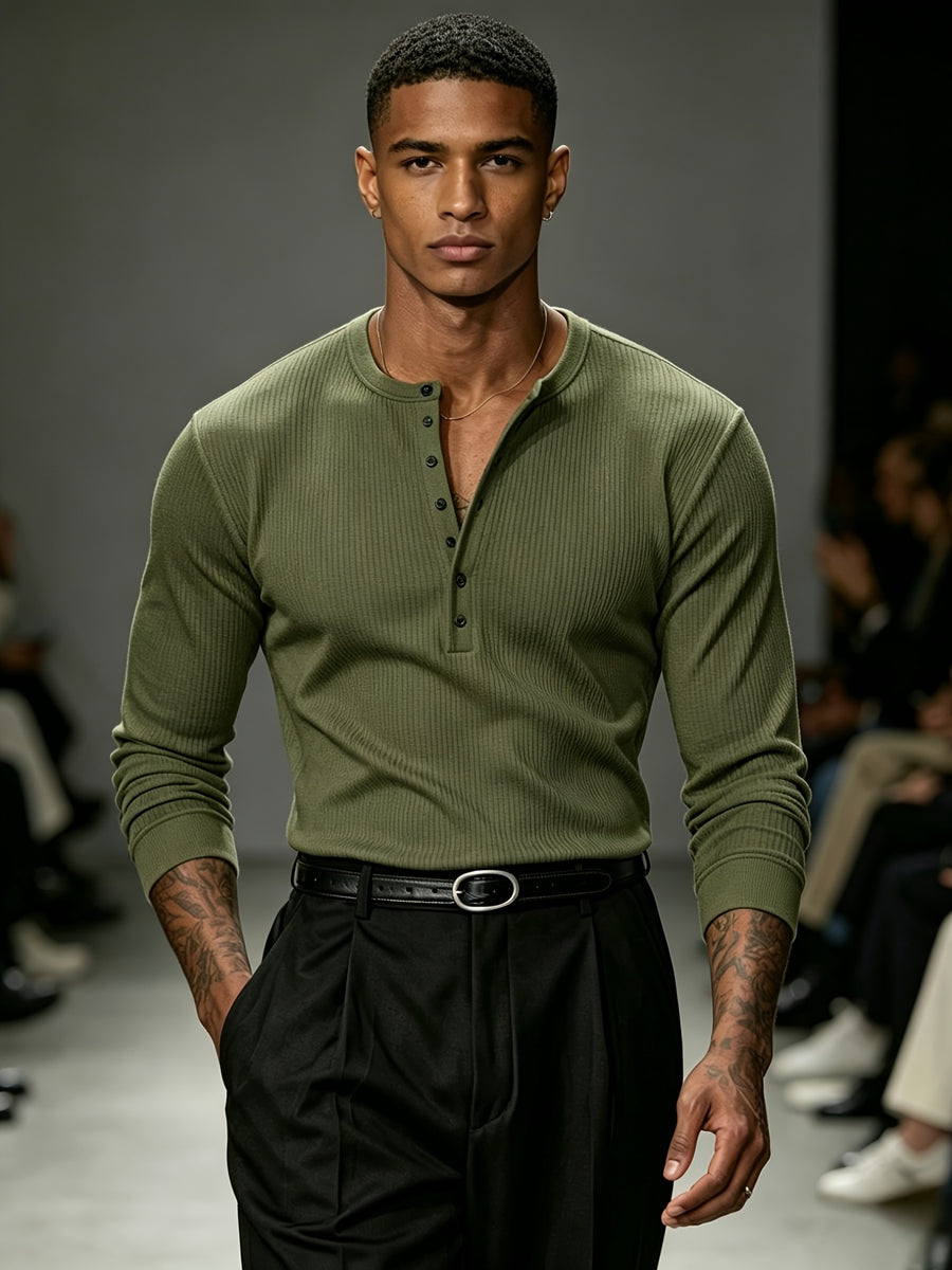 [Josh Mei OBM] Western Minimalist Men'S White Henley Shirt, Premium Gray Texture V-Neck Top, Urban Gentleman Casual Commute Wear - Olive Green