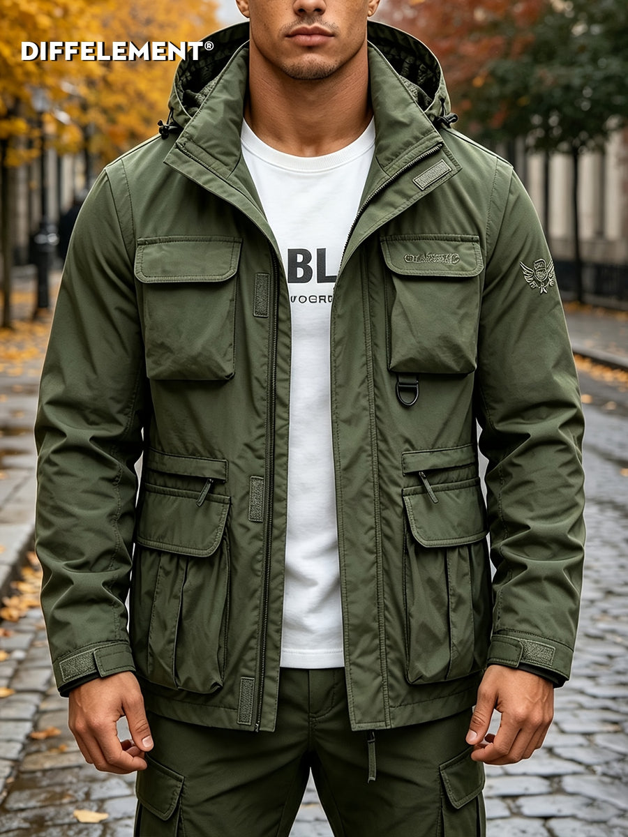 Men'S Detachable Sleeve Drawstring Hooded Multi-Pocket Utility Jacket, Reversible Wrinkle-Resistant Breathable Durable Woven Fabric, Fitted Short Length Spring Autumn City Commute Outdoor Hiking Style, Street Hiking Fishing Multi-Scene Wear - Military Green