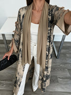1 Set Women's Tie-Dye Print Open Front Long Kimono Cardigan, Flare Sleeve with Side Bow Detail Maxi Cover-Up, Modest Dubai Abaya Outerwear for Daily and Vacation Wear, Ink Wash Tie-Dye Print Long Open Abaya Kimono, Bell Sleeve with Side Self-Tie Bow - Khaki