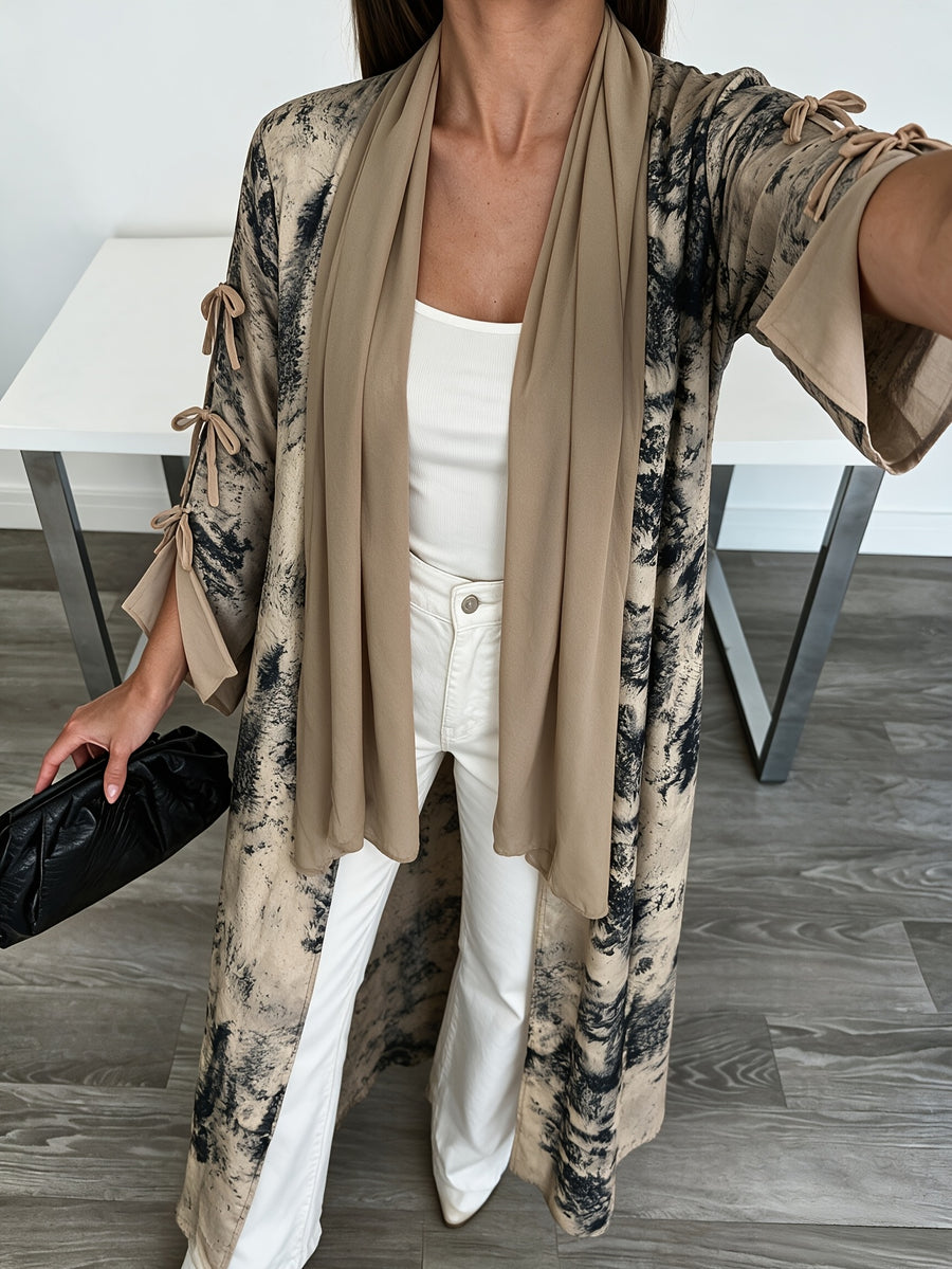 1 Set Women's Tie-Dye Print Open Front Long Kimono Cardigan, Flare Sleeve with Side Bow Detail Maxi Cover-Up, Modest Dubai Abaya Outerwear for Daily and Vacation Wear, Ink Wash Tie-Dye Print Long Open Abaya Kimono, Bell Sleeve with Side Self-Tie Bow - Khaki