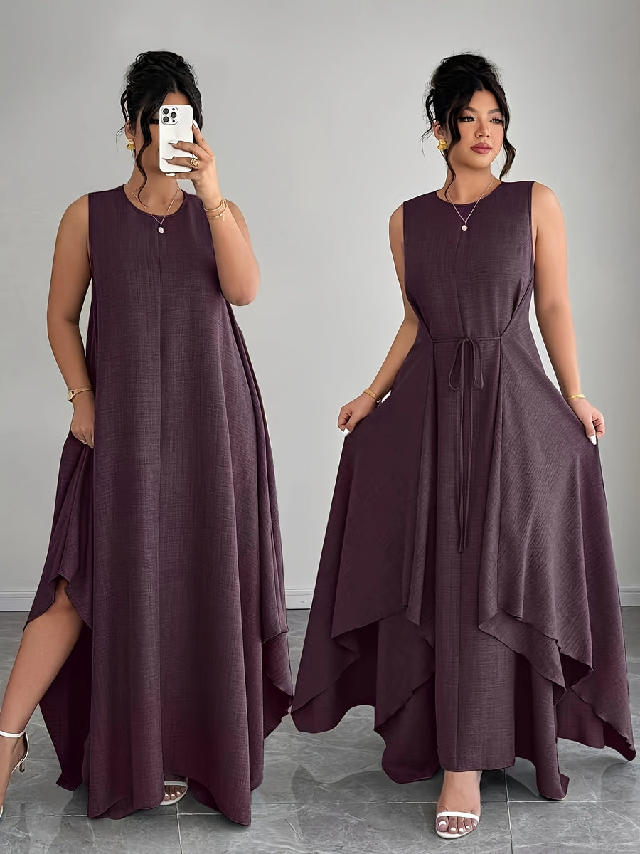 Women'S Elegant Vacation Casual Daily Outerwear Tie-Belt A-Line Asymmetrical Hem Dress - Fuchsia
