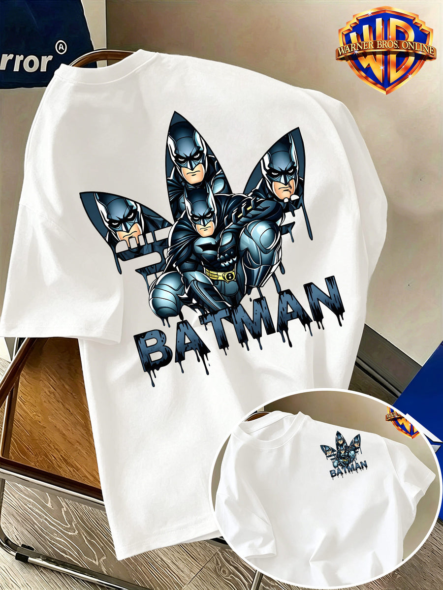 Warner Bros. Authentic Unisex 100% Short-Sleeve T-Shirt, American Street Party Illustration Short Sleeve, Hero-Themed Double Print, Exquisite Chest Graphic with Multi-Character Combination on the Back, Graffiti Drip Ink Lettering Details, Cool-Toned - White