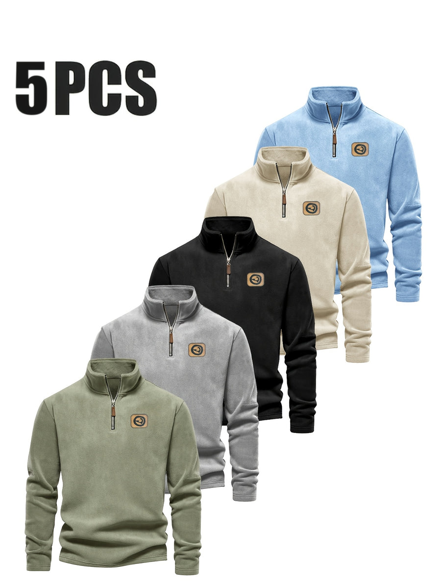 Men's Half-Zip Pullover Top, 5pcs, Soft and Skin-Friendly, Versatile for Daily Casual and Sportswear - Mint Green + Sky Blue + Black + Apricot + Gray