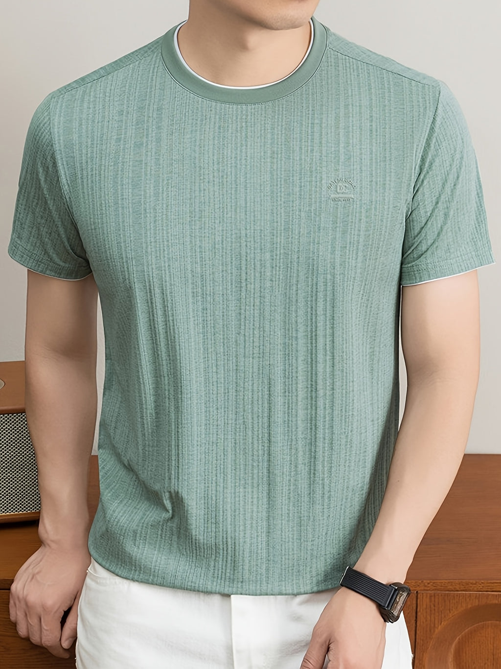 Summer New Men'S T-Shirt, Fashionable Trendy Faux Two-Piece Round Neck Short Sleeve T-Shirt for Men, Business Casual Mid-Age Men'S Solid Color Top, Suitable for Daily Work Scenarios, Men'S Gift - Green
