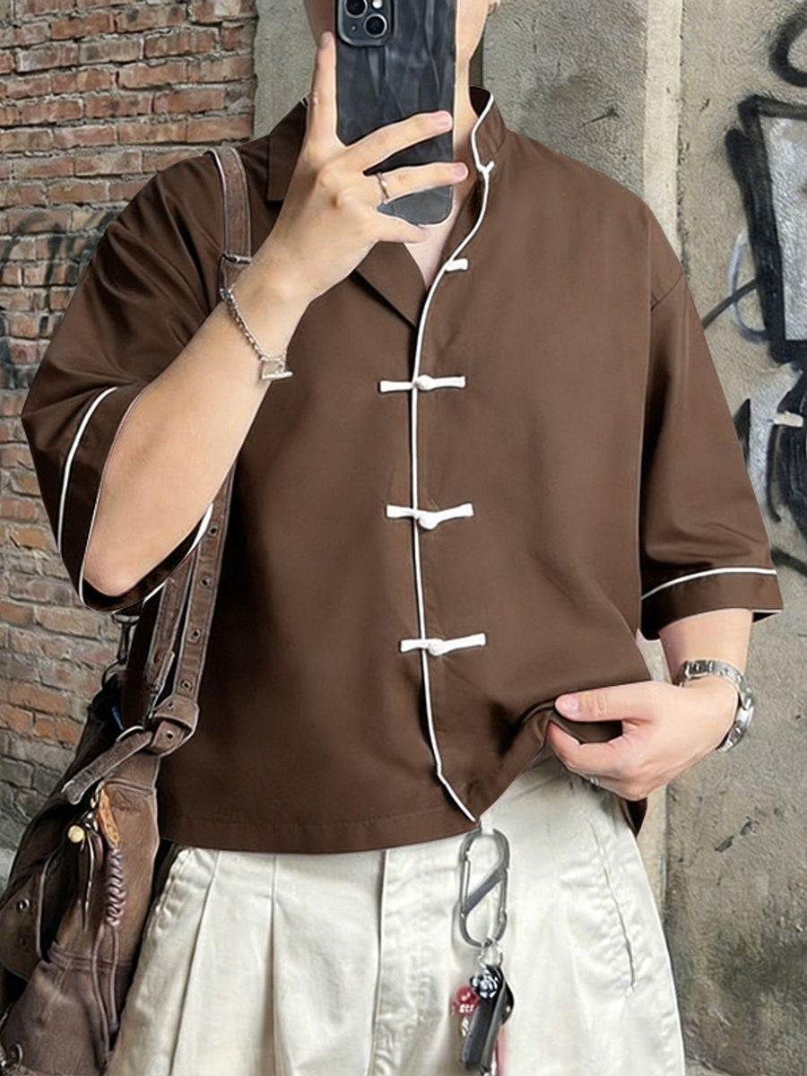 Men Retro Tops Frog Button Stand Collar Short Sleeve Loose Thin Outdoor Street New Chinese Style Casual Shirt, Chinese Size, Please Check The Size Guide Carefully - Light Brown-1