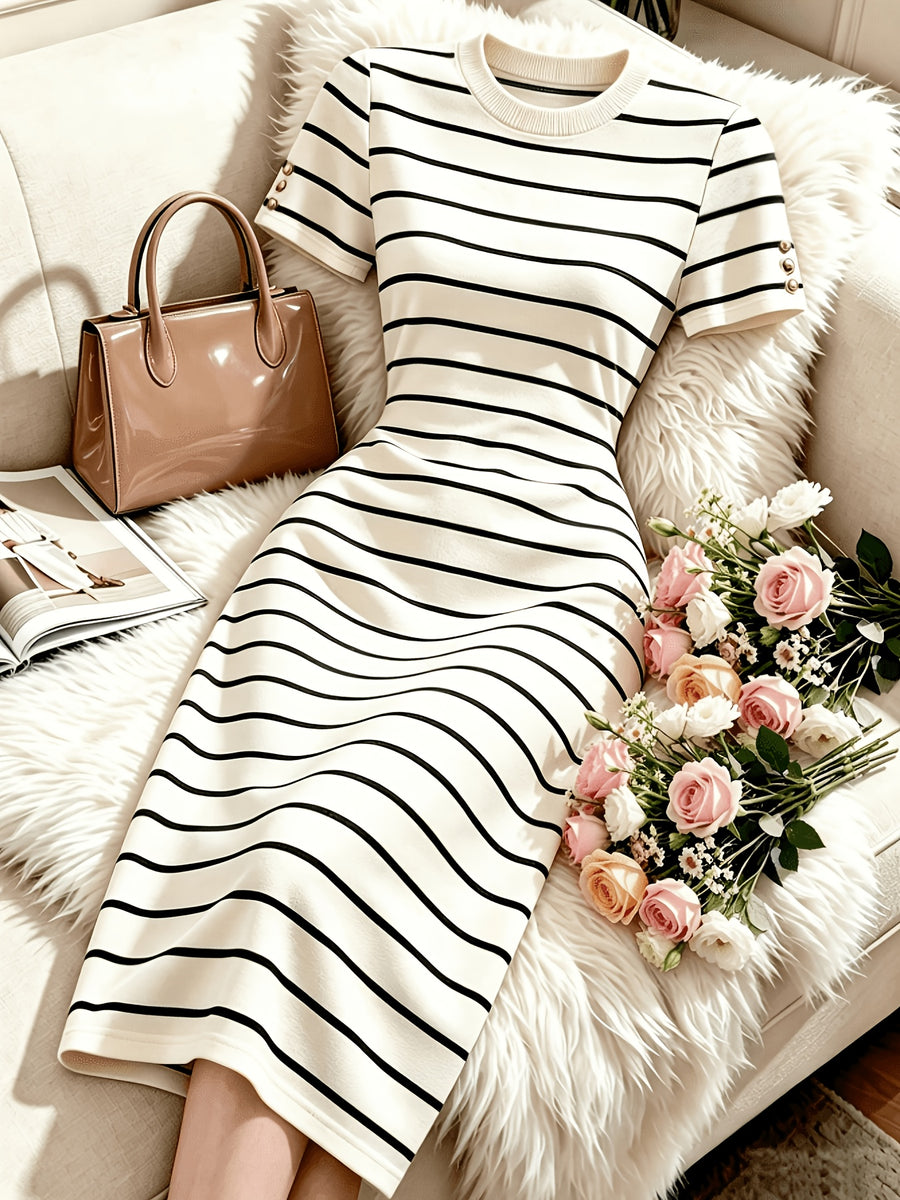 Women'S New Black And White Striped Round Neck Short Sleeve Slim Waist-Cinching Mid-Length Dress - White And Black Stripes