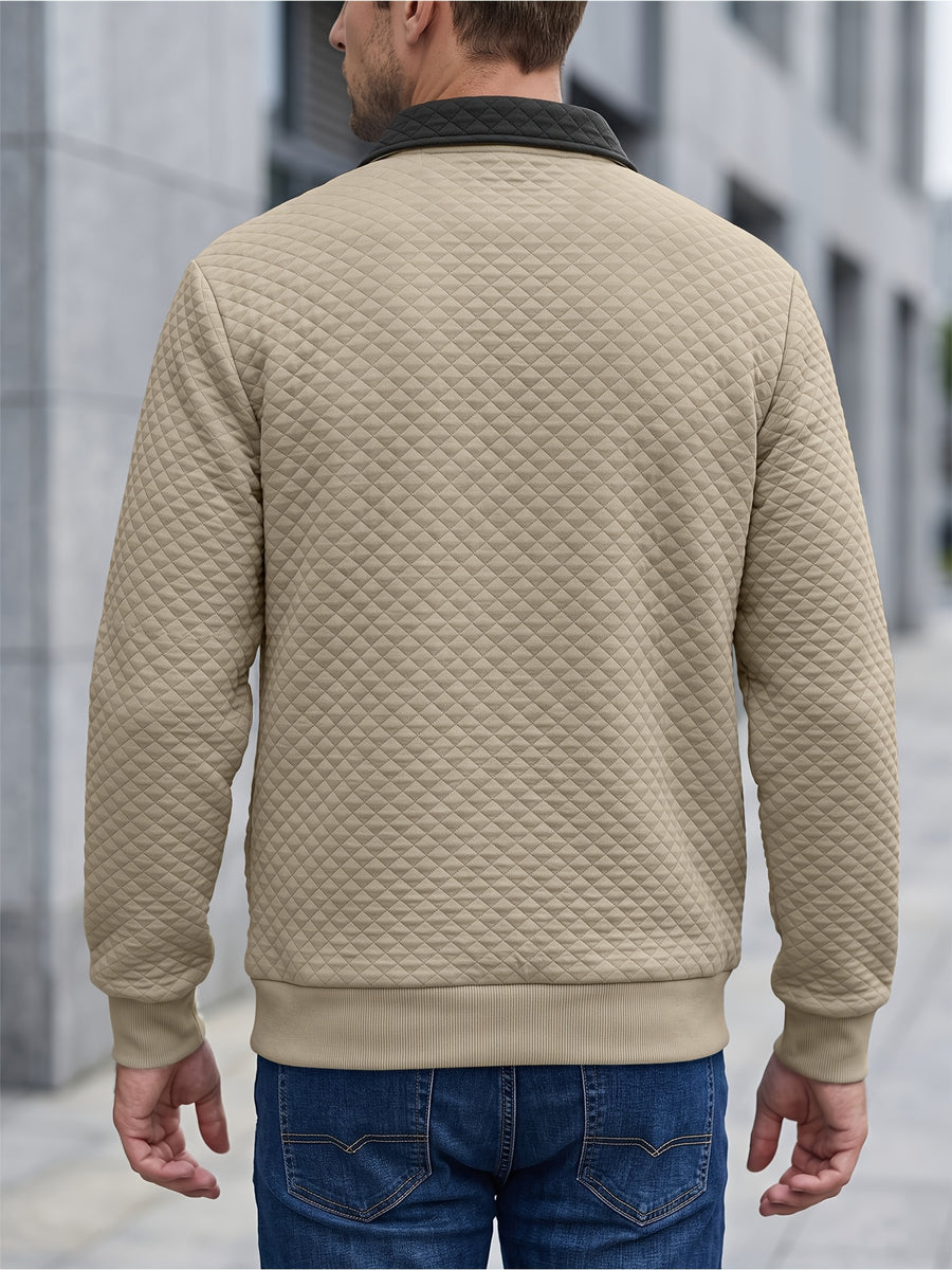 BOWZ Men's Lapel Sweatshirt, Autumn/Winter Men's Half-Zip Polo Sweatshirt, American-Style Henry Shirt Color-Block Sweatshirt, Trendy and Versatile, Warm and Breathable, with Zipper and Pocket Design, Suitable for Outdoor Sports and Casual Home Wear - Khaki