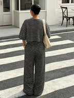 Women'S Striped Short Sleeve Top And Long Pants 2pcs Set, Spring Summer Casual Outfit - Black Strips
