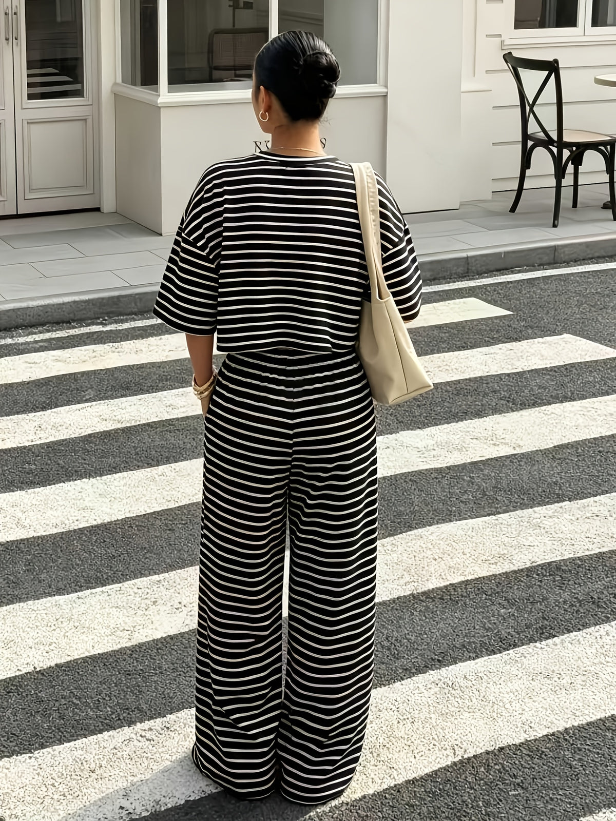 Women'S Striped Short Sleeve Top And Long Pants 2pcs Set, Spring Summer Casual Outfit - Black Strips