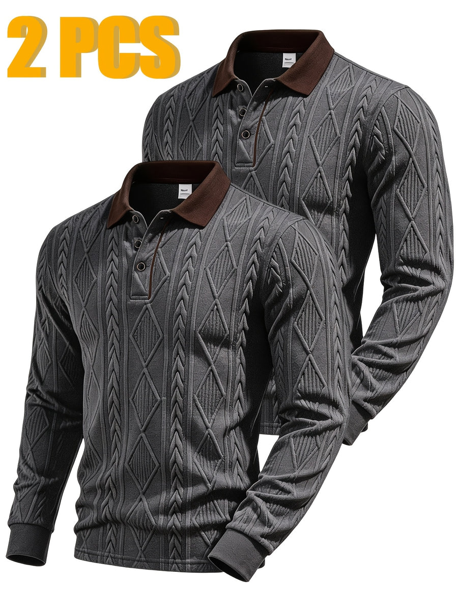 2pcs Men's Fashion Long-Sleeve Polo Shirt | High-End Contrast Color Lapel Jacquard Design T-Shirt | Essential Golf Polo Outfit | Breathable, Warm, Skin-Friendly, and Comfortable | for Indoor Gatherings and Outdoor Sports | Wardrobe Essential Casual - Gray + Gray