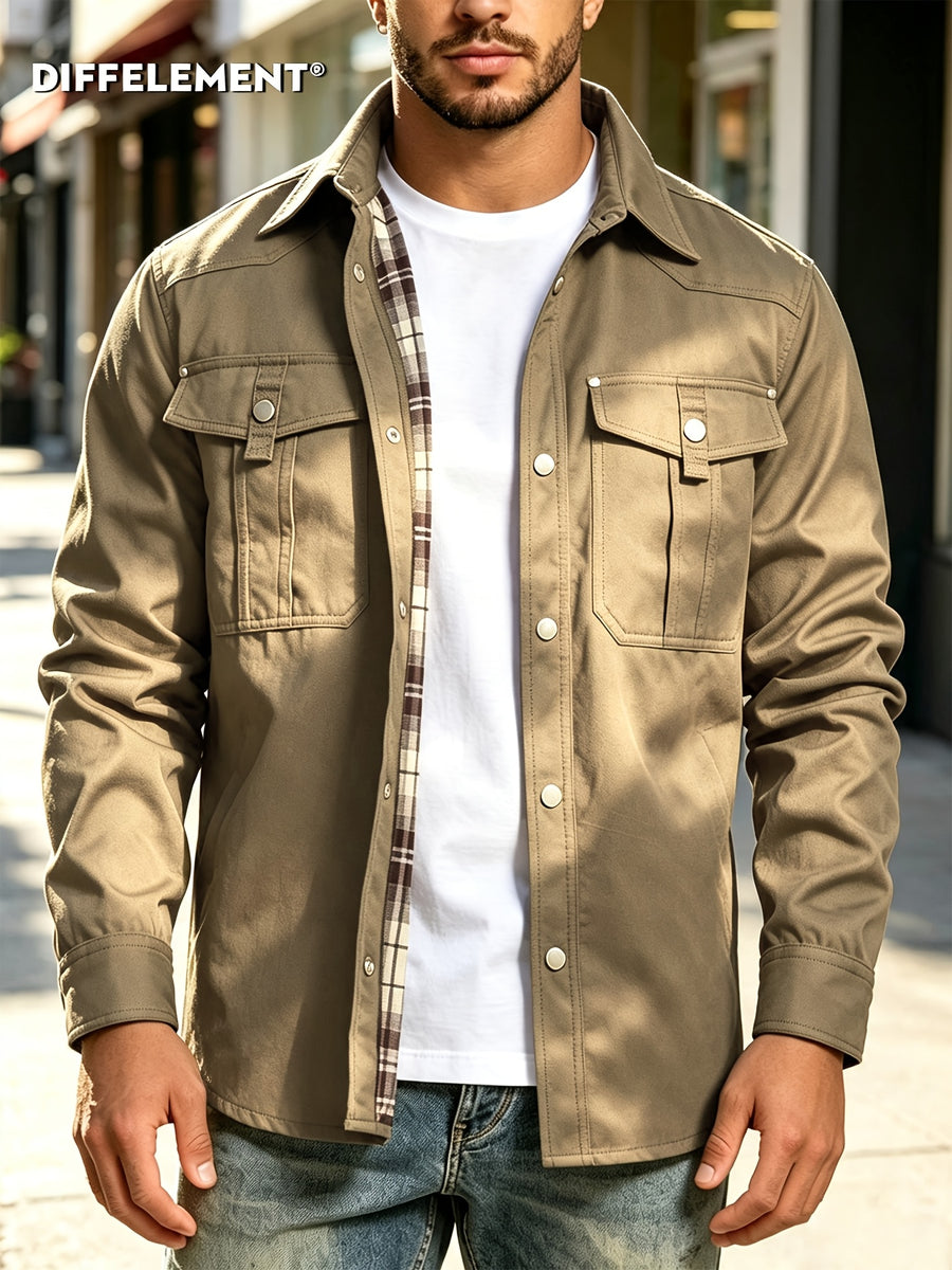 Men'S Casual Utility Shirt Jacket, Daily Commute Windproof Durable Twill Fabric Loose Collar Multi-Pocket Straight Cut Urban Outdoor Walking Street Style Metal Button Plaid Lining Long Sleeve Utility Coat - Khaki