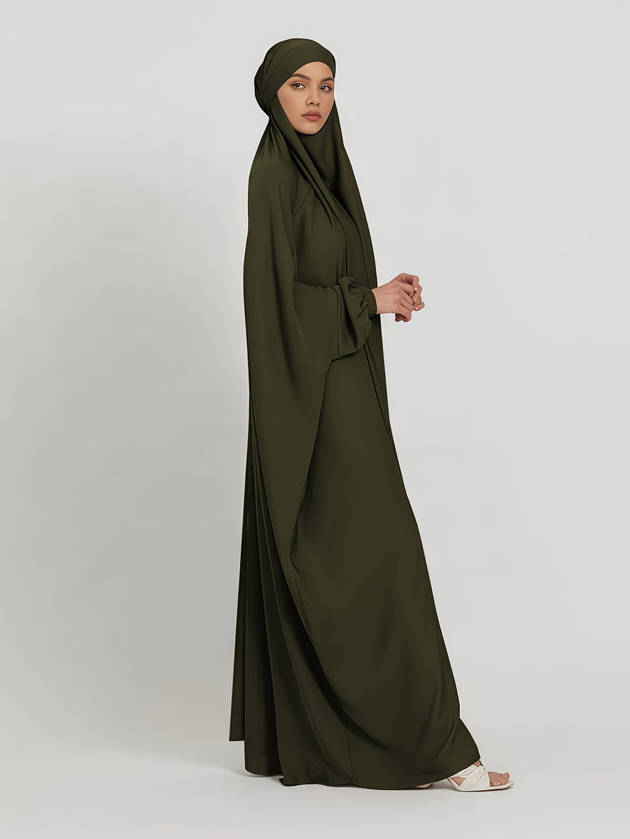 1pc Jilbab, 1pc Khimar with a Rich Drape, Cuffed Sleeves, and a Loose Fit, Suitable for Busy Daily Wear or Worship - Olive Green