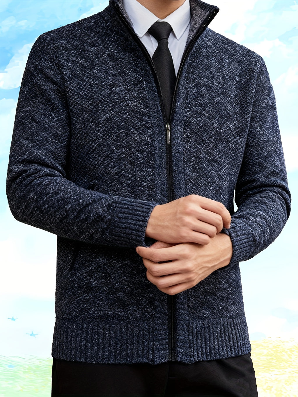 Autumn and Winter Casual Sweater Cardigan Jacket for Men, Thick Zipper Jacket with a Slightly Loose Three-dimensional Cut, Hiding Flesh and Slimming Without Dragging, Easily Creating a Fashionable Business Image (only Includes 1 Jacket) - Navy Color