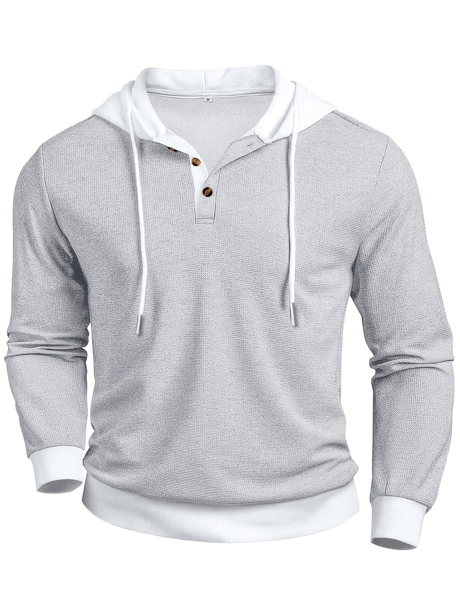 Men'S Casual Sweater Long-Sleeve Outdoor Stitching Hooded Contrast Color Half-Open Placket Design Fashionable Spring And Autumn Henry Hoodie - Grey