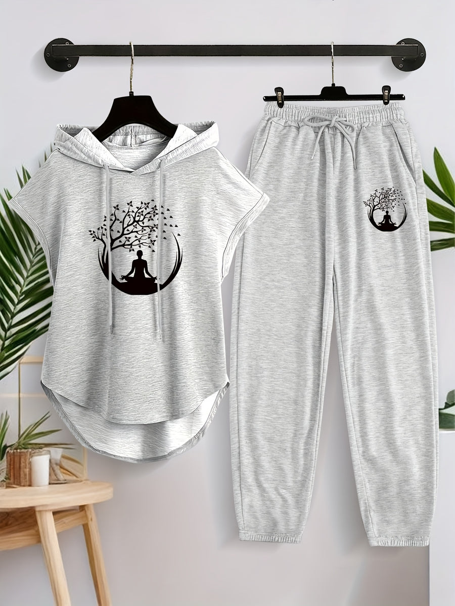 Women'S Sleeveless Hoodie And Casual Long Pants Set X4500 - Light Gray