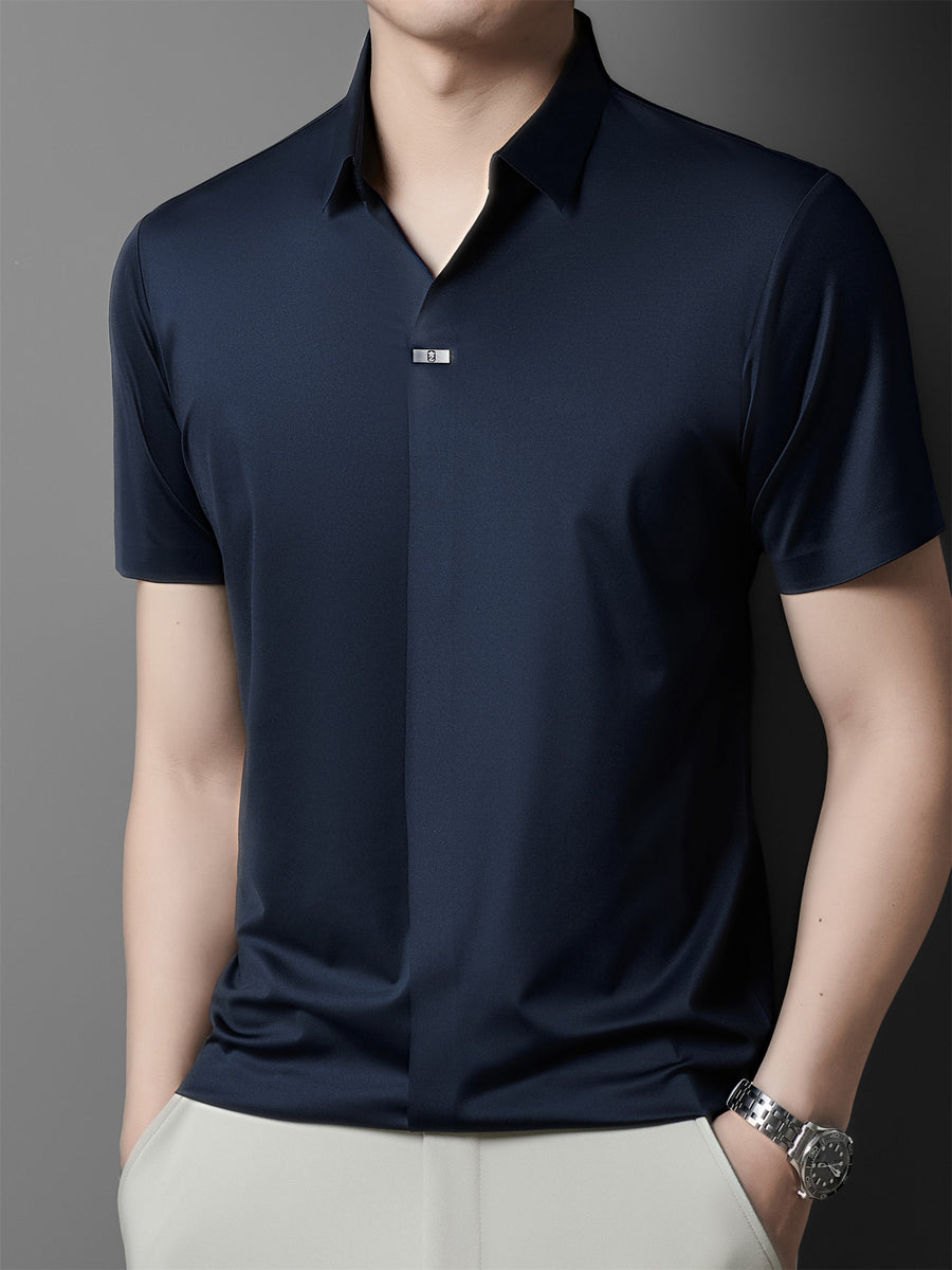 Summer New Men'S Short Sleeve Polo Shirt with Stand-Up Collar, Easy Business Casual High-End Breathable Half Sleeve T-Shirt Men'S Wear Cloud Ding Crown - Navy Color