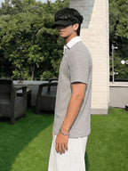 [Yulemi] Korean Casual Style Black And White Color Block Waffle Polo Shirt Men'S Design Sense Slanted Buckle Lapel Short Sleeve T-Shirt Loose Casual Top - Grey