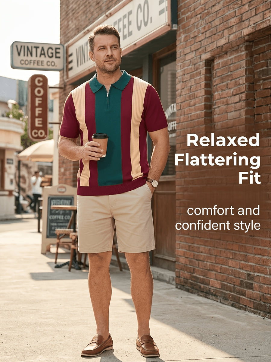 Old Money Style Men's Half-Zip Contrast Color Vertical Stripe Knit Polo 2pcs Set, Ice Silky Fiber Fabric, Breathable Business Casual Short-Sleeve Suit Sweater - 2PACK-BB