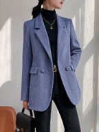 Misty Blue Houndstooth Suit Autumn Winter Premium Loose Casual Thickened Mid-Length Small Size Top Jacket - Blue