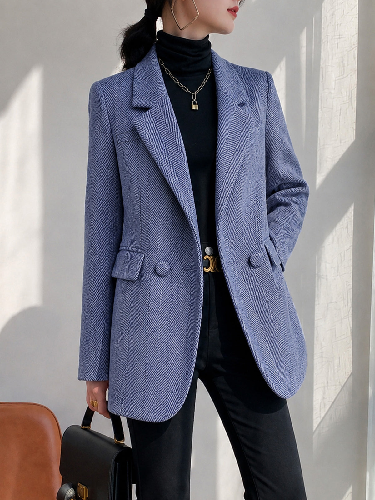 Misty Blue Houndstooth Suit Autumn Winter Premium Loose Casual Thickened Mid-Length Small Size Top Jacket - Blue