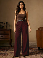CQQNBV Women's High Waist Wide Leg Dress Pants - Solid Pinstripe -Front Trousers, Straight Seam Formal Office Business Wear, Machine Washable -Thru Wide Leg Pants Suitable for Autumn/Winter Professional Attire - Burgundy