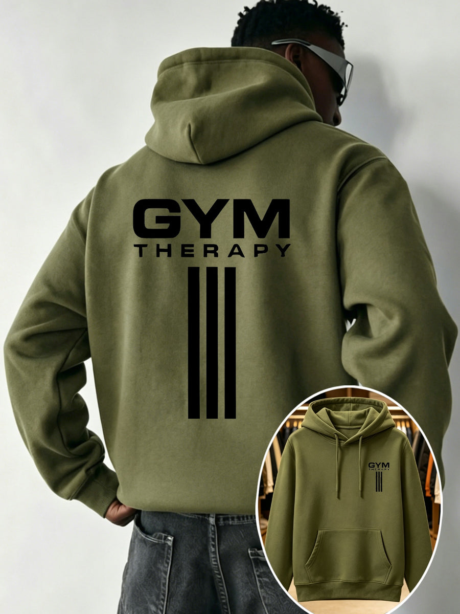 Men'S Trendy Print Casual Hooded Sweatshirt - GYM THERAPY Vertical Fitness Text Double-Sided Pattern Regular Fit with Front Kangaroo Pouch, Adjustable Drawstring Hood, Soft Fabric, Washable Print, Home, Commute, Camping Wear - fern green