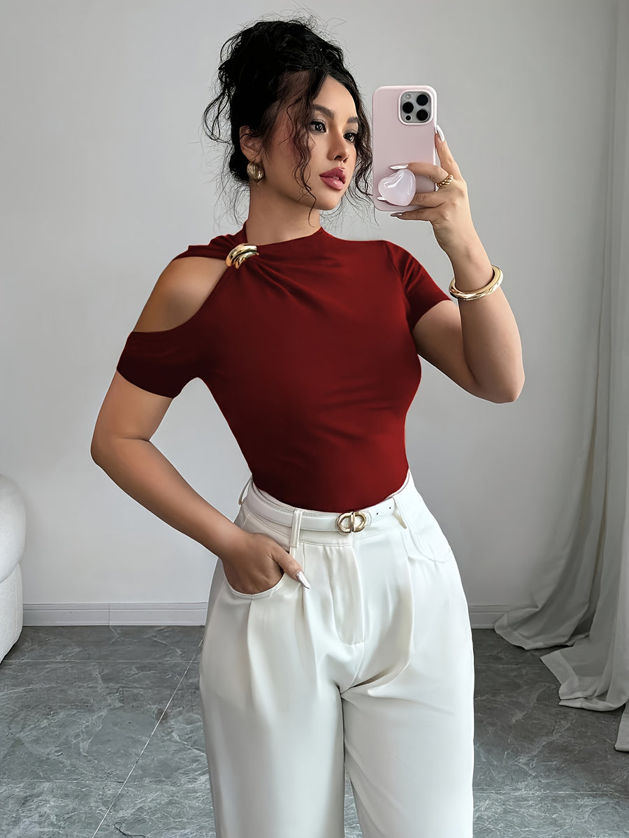 Women's Slim-Fit Fashion Short-Sleeve Top with Front Tie and Metal Buckle Detail - Deep Red