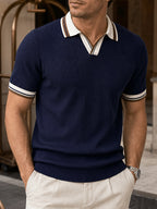 2pcs Men'S Textured Knit Polo Shirt Set, Contrast Striped Lapel V-Neck Breathable Preppy Golf Knit Short Sleeve - Navy Blue+Navy Blue