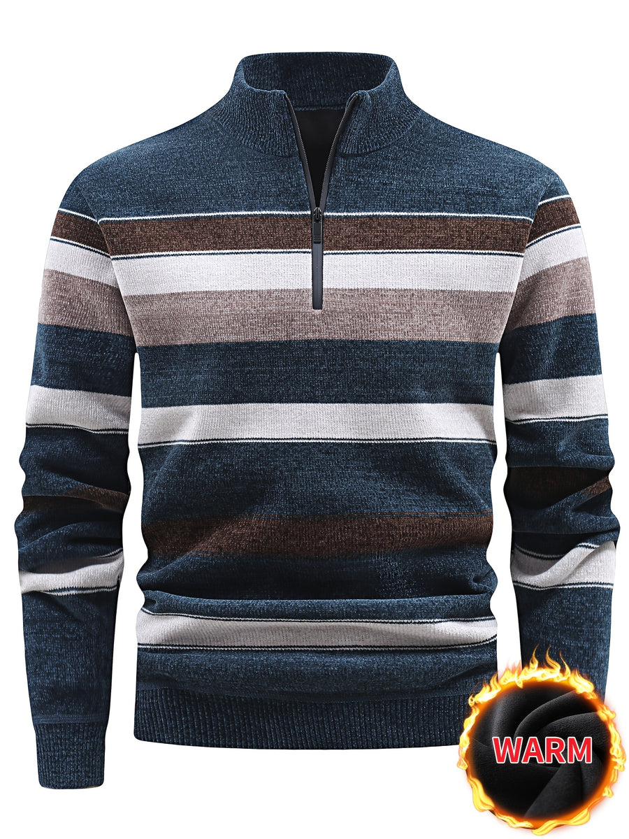 Autumn And Winter Men'S Sweater with Fleece, Half-Zipper Collar, Contrasting Color Stripes, Long-Sleeved Men'S Knit Pullover, Casual And Versatile, Warm Top Suitable for Daily Commuting, Going Out, Shopping - Sea Blue