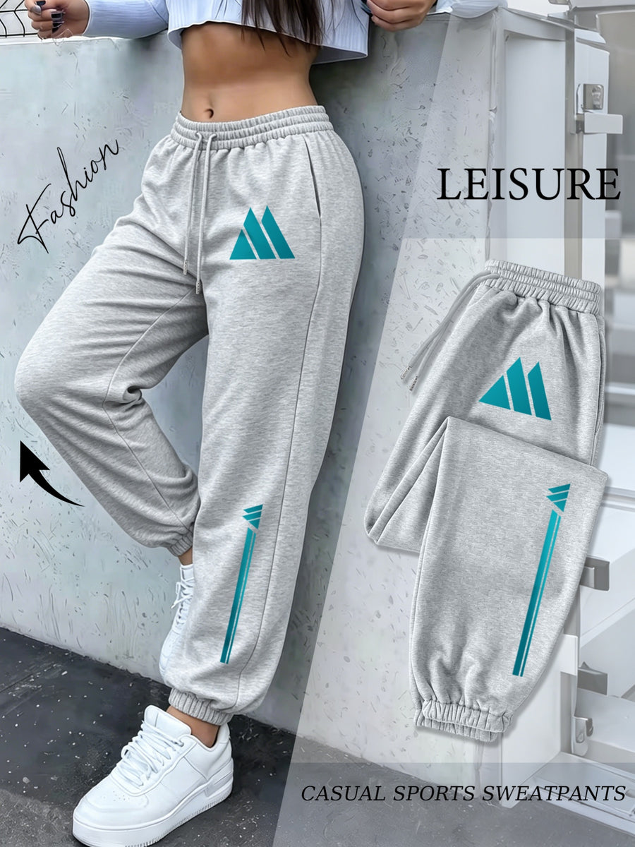 Turquoise Blue Mountain Triangle Geometric Vertical Stripe Print Ankle-Cinching Joggers Women'S High-Waist Drawstring Loose Outdoor Casual Trousers - Light Grey