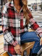 YYZ08 Women's Elegant Casual Plaid Print Long Sleeve Button- Collar Loose Fit Shirt Top - Multicolor Plaid