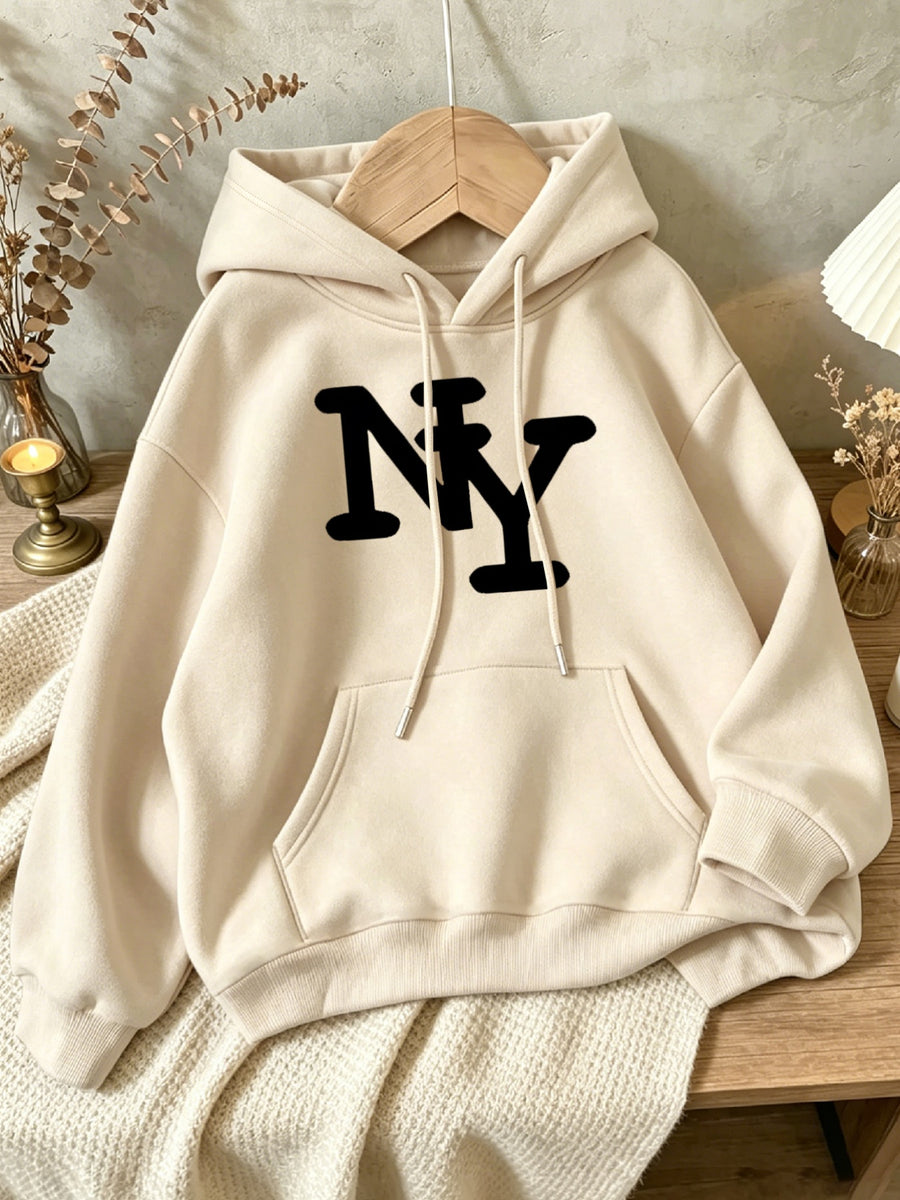 Single Hooded Sweatshirt, Autumn Winter Style, Print Craft Pattern, NY Retro Lettering - Apricot