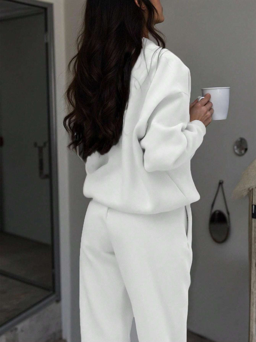 Elegant Special Women'S Solid Color Zip-Up Long Sleeve Sweatshirt - White