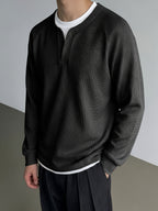 Men's Minimalist Korean Henley Collar Long Sleeve Top Waffle Knit Breathable Raglan Sleeve Casual Sweatshirt for Spring Autumn Daily Commute Layering Wear - Black