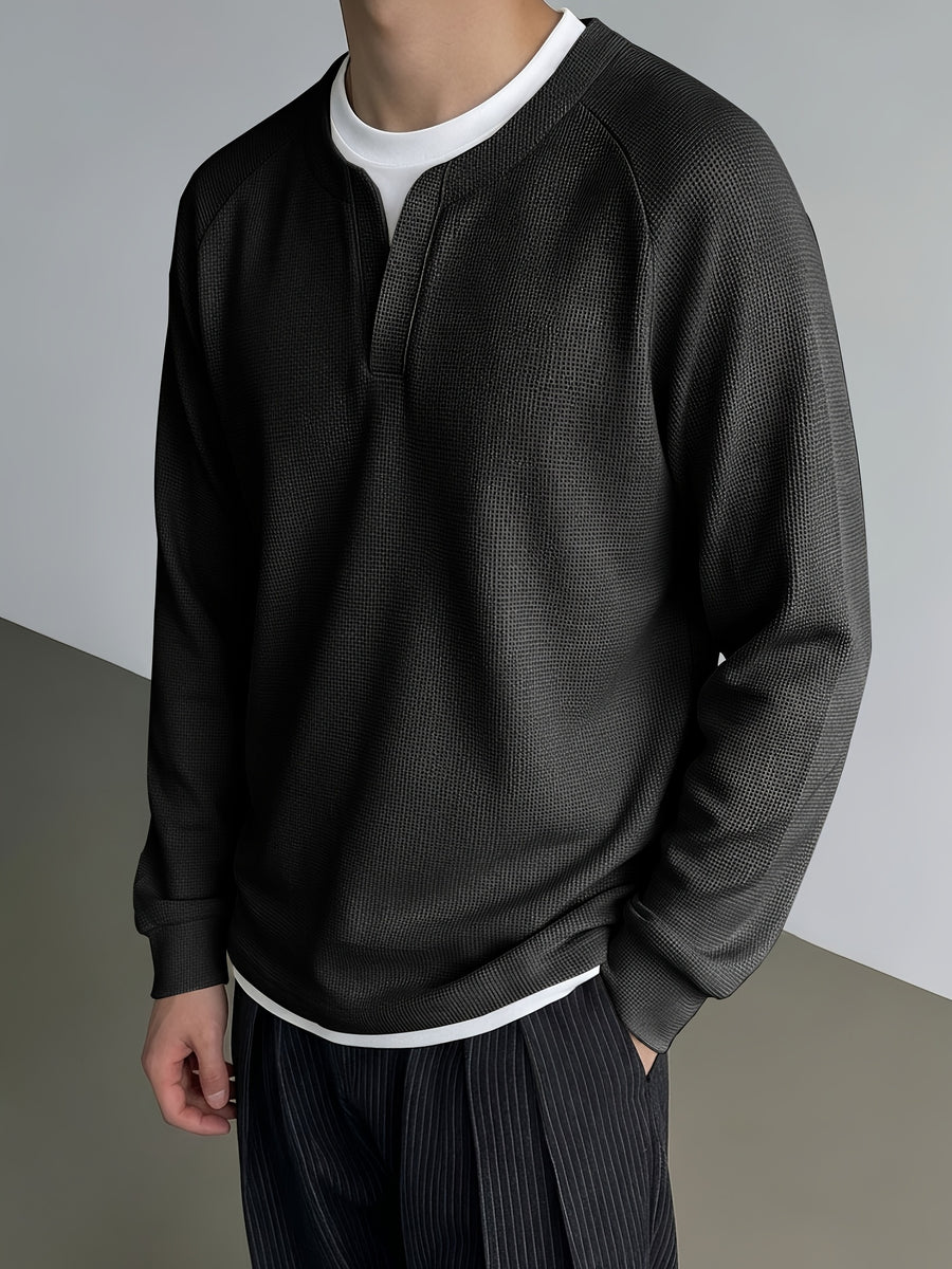 Men's Minimalist Korean Henley Collar Long Sleeve Top Waffle Knit Breathable Raglan Sleeve Casual Sweatshirt for Spring Autumn Daily Commute Layering Wear - Black
