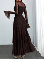 Women'S Romantic Sexy Elegant Modern Polka Dot Printed Stand Collar, Waist Double Slit Multi-Layered Skirt Dress, Suitable for Dates, Vacations, And Casual Wear, Belt Not Included - Dark Brown