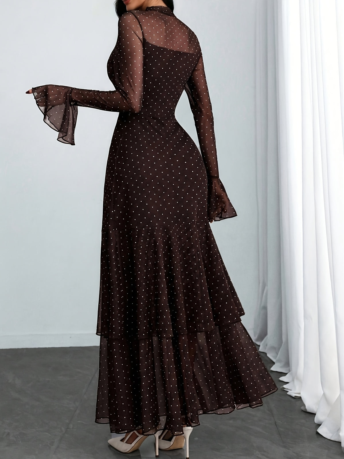Women'S Romantic Sexy Elegant Modern Polka Dot Printed Stand Collar, Waist Double Slit Multi-Layered Skirt Dress, Suitable for Dates, Vacations, And Casual Wear, Belt Not Included - Dark Brown