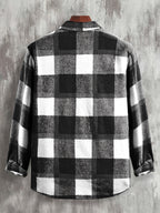 Autumn/Winter Men's Casual Jacket, Vintage Plaid Lapel Long-Sleeve Shirt Top, Button-Up Cardigan Outerwear, Chest Pocket Design, for Outdoor Sports and Daily Wear, Stylish and Versatile Style - Black