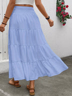 Women's elastic high-waisted ruffle A-line long skirt with drawstring design in Bohemian style. - Light Blue