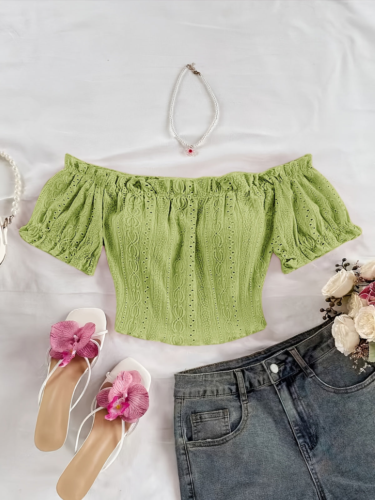 Women'S Bohemian Style Romantic Floral Vacation Style Floral Pattern Crop Off-Shoulder Top, Suitable for Daily Vacation Wear - Tender Green