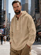 New Men'S All-Season Linen Shirt, Linen Striped Casual Long-Sleeve Hooded Top, Breathable And Comfortable, High Street Style - Khaki
