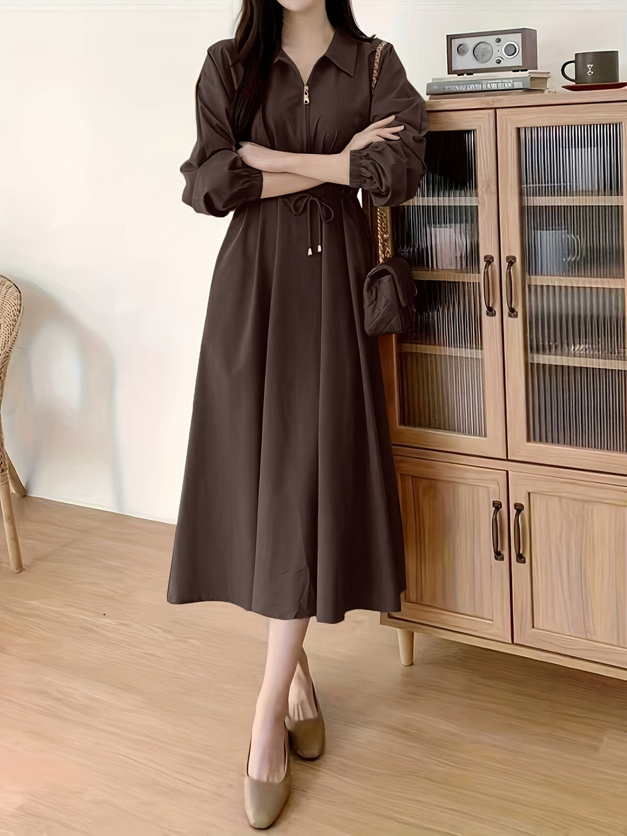 Lapel Tie Dress - Coffee Brown