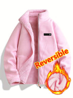 Women's Spring Casual Jacket, Thickened Shaggy Warm Printed Reversible Coral Sweatshirt, Double-Sided Outerwear - pink