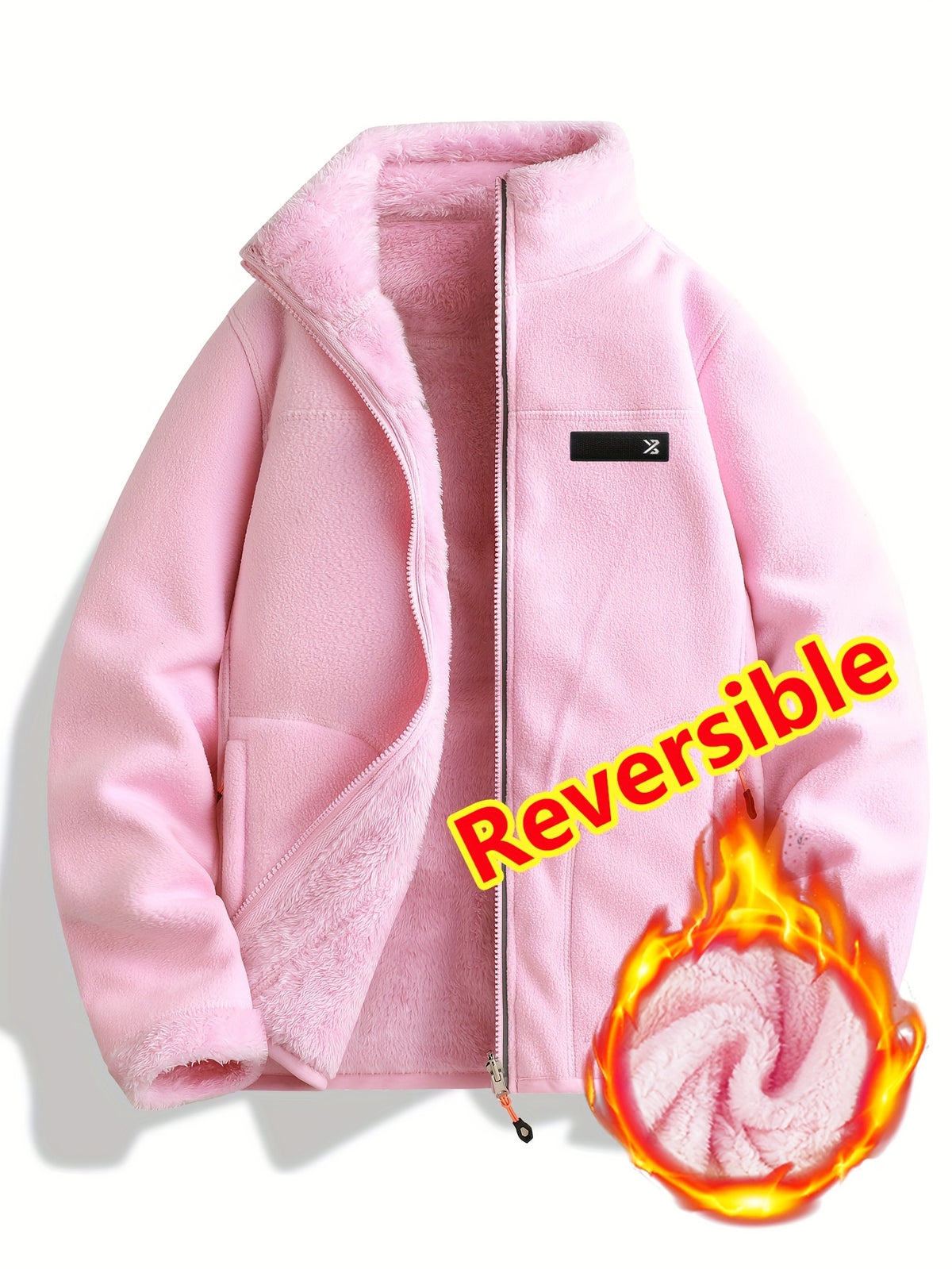 Women's Spring Casual Jacket, Thickened Shaggy Warm Printed Reversible Coral Sweatshirt, Double-Sided Outerwear - pink