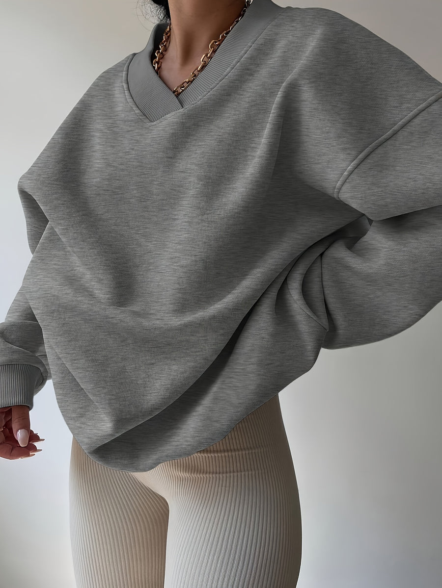 Autumn and Winter Fashion Women's Solid Color Loose Drop Shoulder V-Neck Sweatshirt - Grey